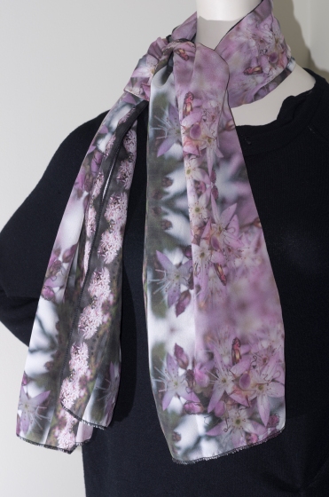 The Common Finge myrtle is all but common in its beauty. I designed this silk scarf from photographs I created last spring from nativeflora on the side of a road I travel often.